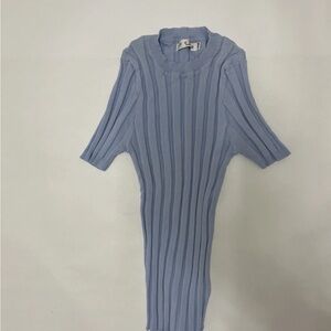 By Clara Paris Womens Top S/M Blue Ribbed Knit Stretch Short Sleeve Shirt